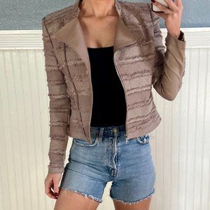 BCBG Maxazria Jaison Tan Striped Fringe Moto Jacket XS